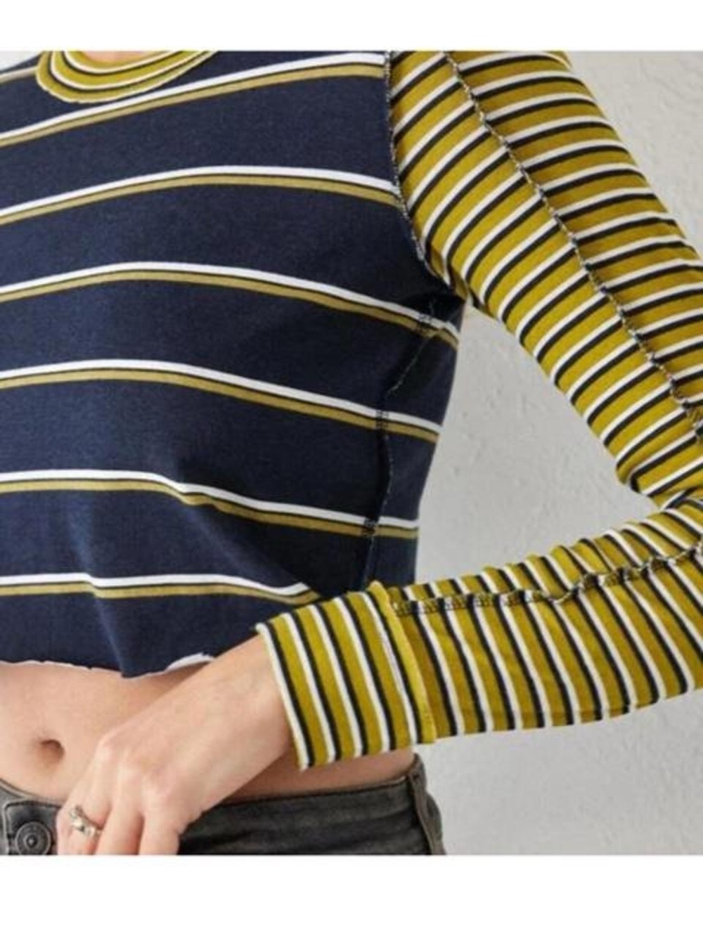 BDG Navy and Mustard Striped Cropped Tee